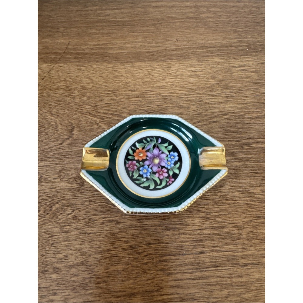 Vintage Schumann Bavaria Ashtray Trinket Plate Green Gold Floral